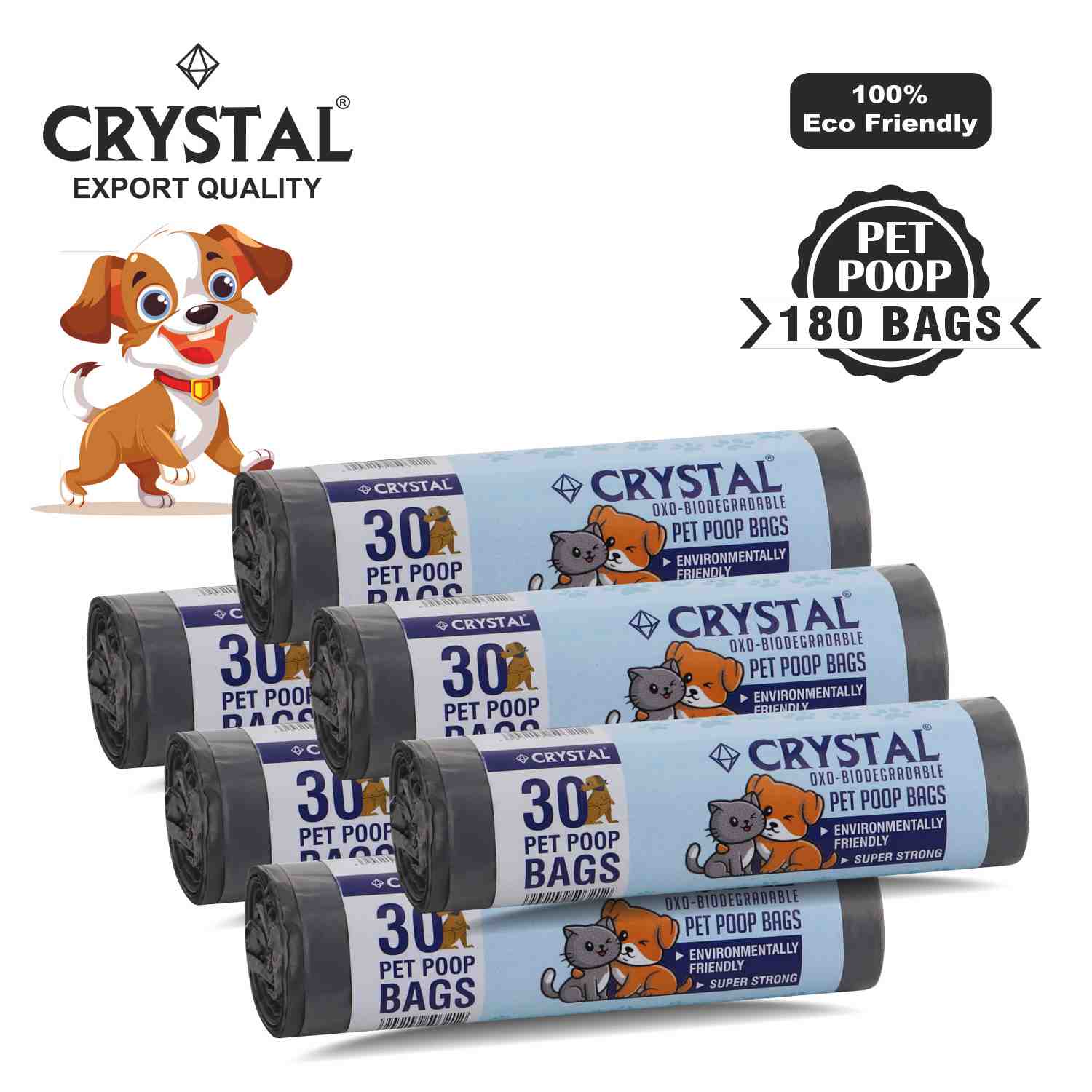 Crystal Oxo - Biodegradable Poop Bags on Roll - Grey - 30 Pcs x Pack of 6 , 180 Bags