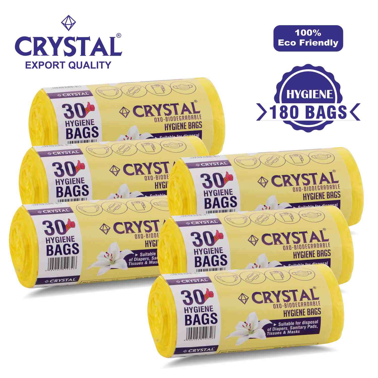 Crystal Oxo - Biodegradable Hygiene Bags on Roll - Yellow - 30 Pcs x Pack of 6 , 180 Bags
