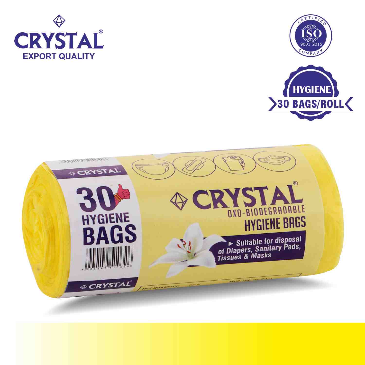 Crystal Oxo - Biodegradable Hygiene Bags on Roll - Yellow - 30 Pcs x Pack of 6 , 180 Bags