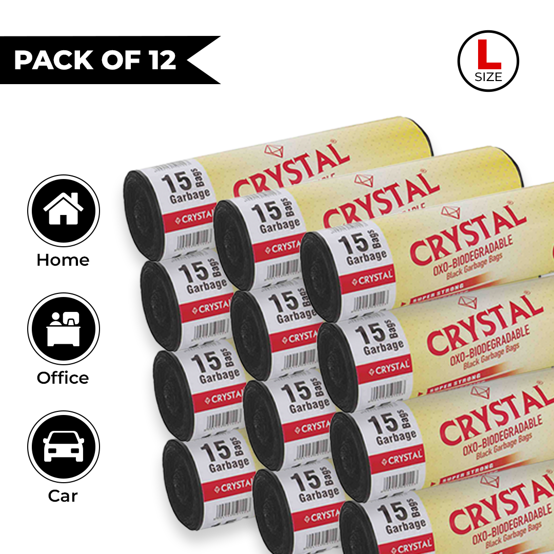 Crystal Biodegradable Garbage Bag on Roll LARGE 24 x 32 Black ,15 Pcs x Pack of 12 , 90 Bags
