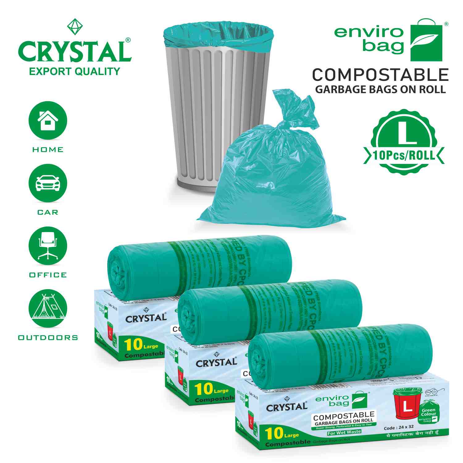 Crystal 100% Compostable Garbage Bag on Roll LARGE 24 x 32 Green,10 Pcs x Pack of 3 , 30 Bags
