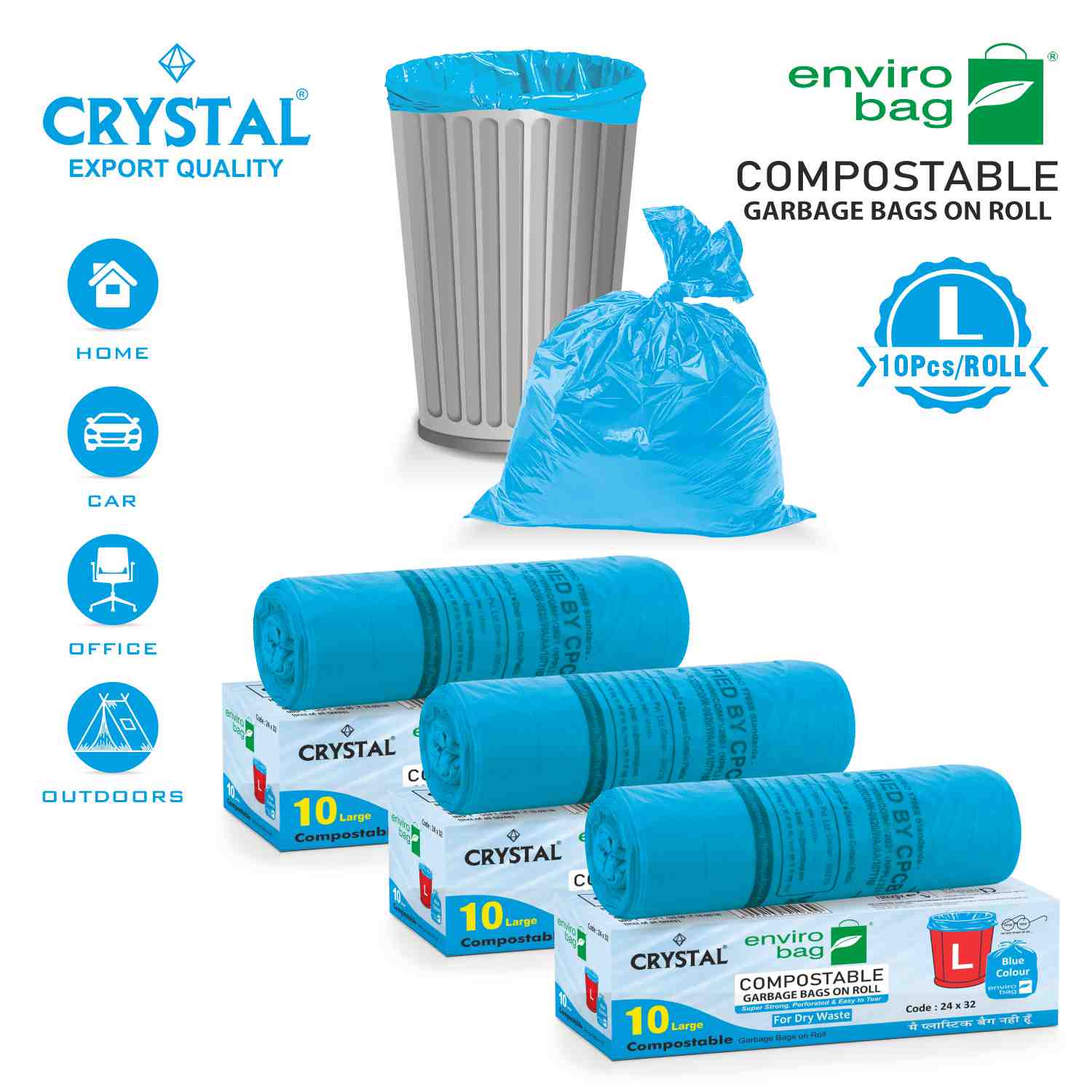 Crystal 100% Compostable Garbage Bag on Roll LARGE 24 x 32 Blue,10 Pcs x Pack of 3 , 30 Bags