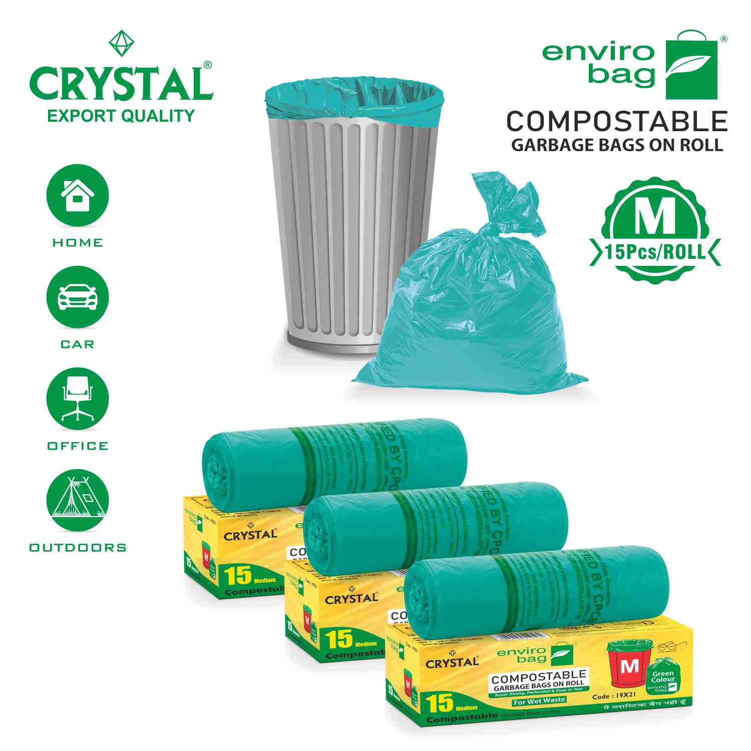 Crystal 100% Compostable Garbage Bag on Roll MEDIUM 19 x 21 Green ,15 Pcs x Pack of 3 , 45 Bags