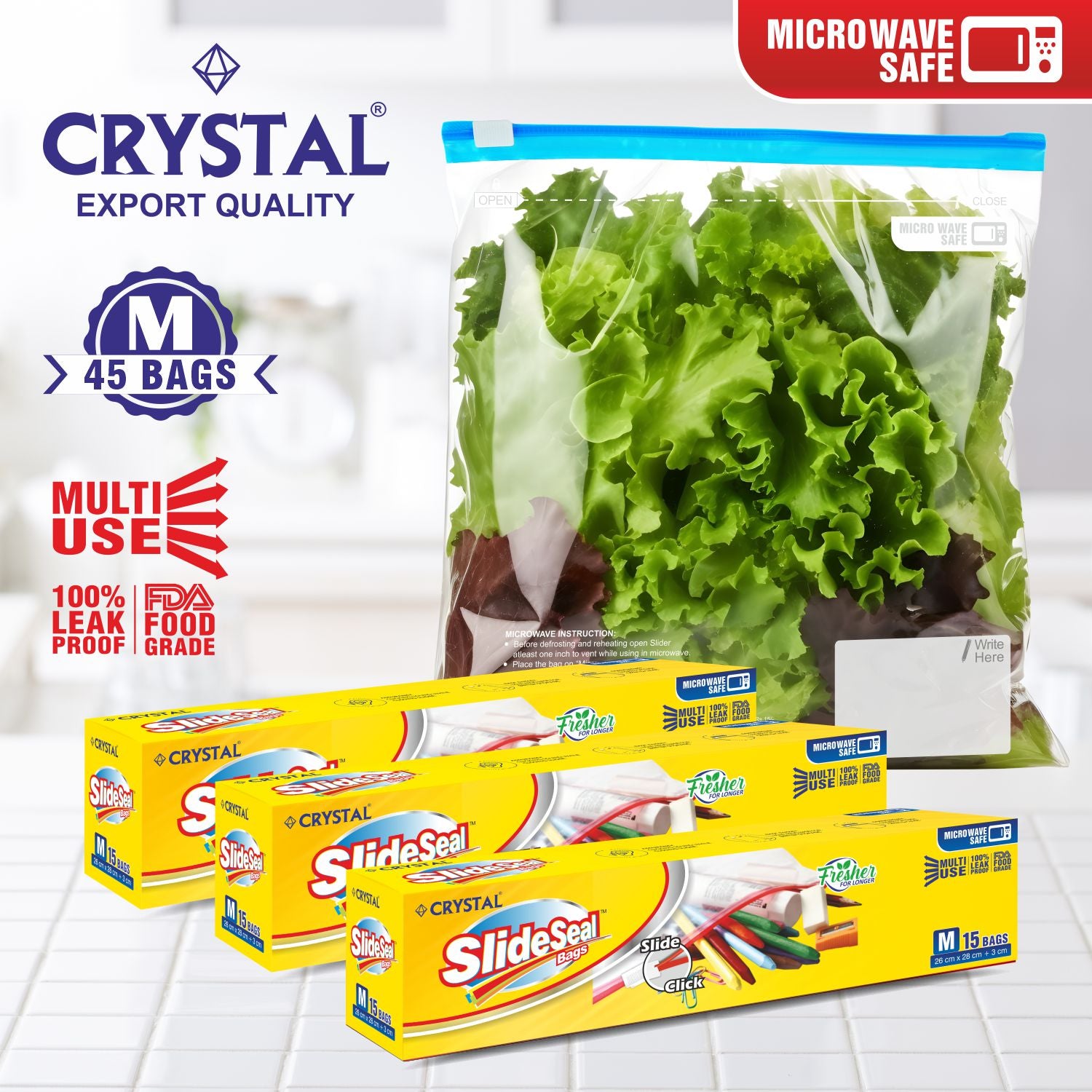 Crystal SlideSeal Storage Bags - Multi Pupose, Reusable, Freezer, 100% Leak Proof, FDA Food Grade - MEDIUM , 15 Pcs x Pack of 3 , 45 Bags