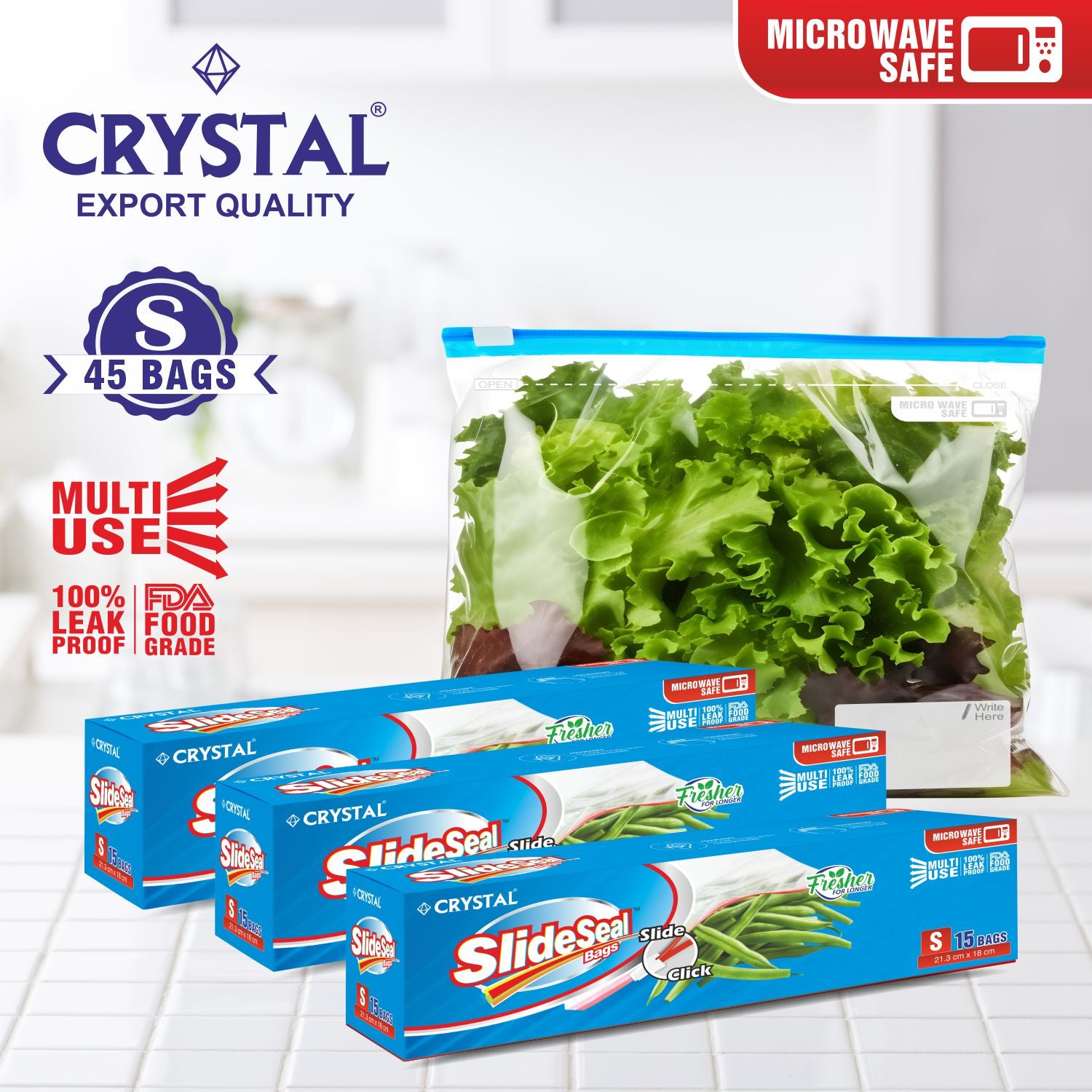 Crystal SlideSeal Storage Bags - Multi Pupose, Reusable, Freezer, 100% Leak Proof, FDA Food Grade - SMALL , 15 Pcs x Pack of 3 , 45 Bags