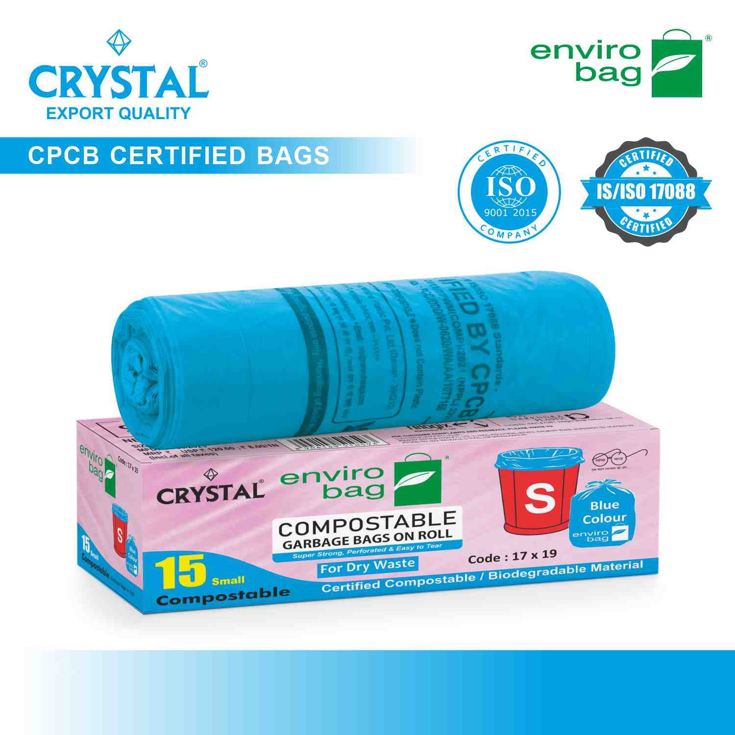 Crystal 100% Compostable Garbage Bag on Roll SMALL 17 x 19 Blue ,15 Pcs x Pack of 3 , 45 Bags