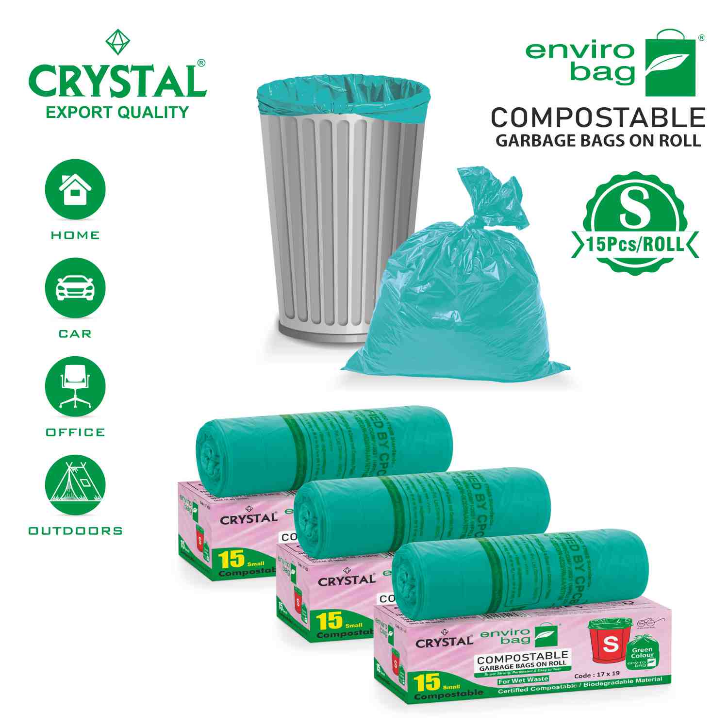 Crystal 100% Compostable Garbage Bag on Roll SMALL 17 x 19 Green ,15 Pcs x Pack of 3 , 45 Bags