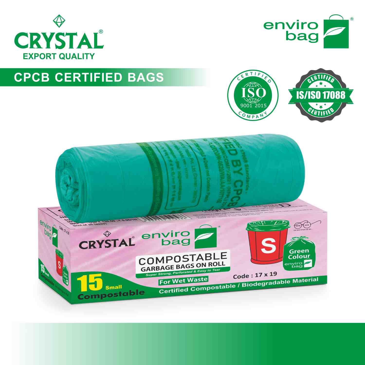 Crystal 100% Compostable Garbage Bag on Roll SMALL 17 x 19 Green ,15 Pcs x Pack of 3 , 45 Bags