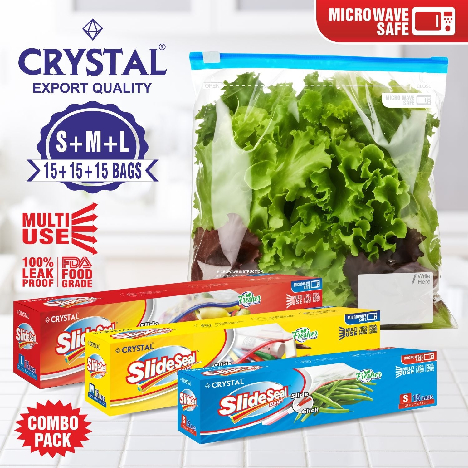 Crystal SlideSeal Storage Bags - Multi Pupose, Reusable, Freezer, 100% Leak Proof, FDA Food Grade - SMALL+MEDIUM+LARGE , 15 Pcs x Pack of 3 , 45 Bags