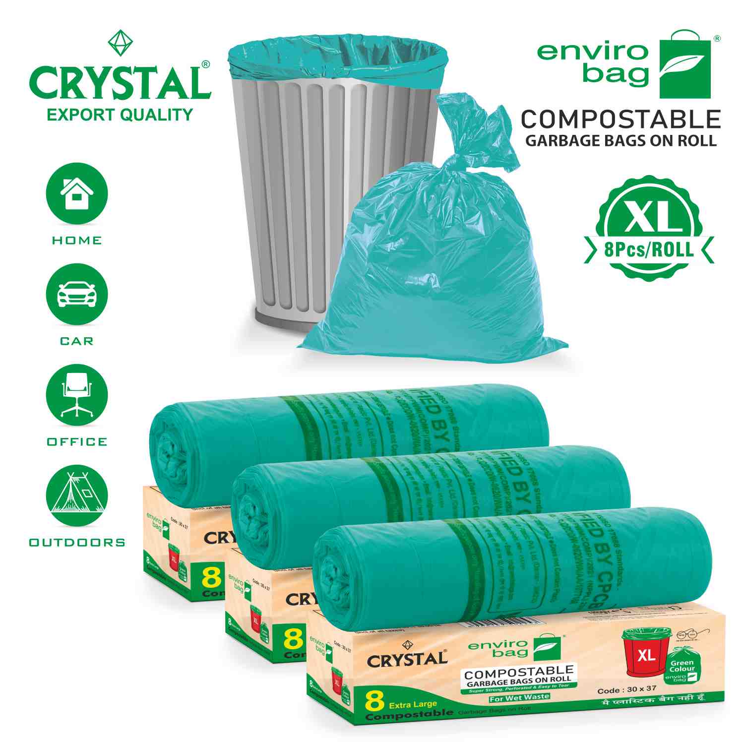 Crystal 100% Compostable Garbage Bag on Roll EXTRA LARGE 30 x 37 Green,8 Pcs x Pack of 3 , 24 Bags