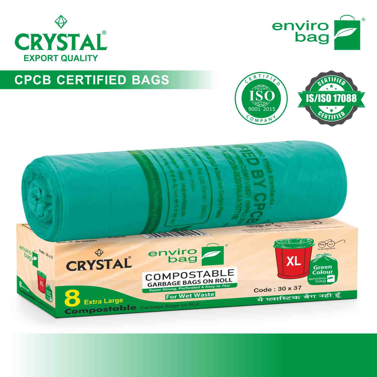Crystal 100% Compostable Garbage Bag on Roll EXTRA LARGE 30 x 37 Green,8 Pcs x Pack of 3 , 24 Bags
