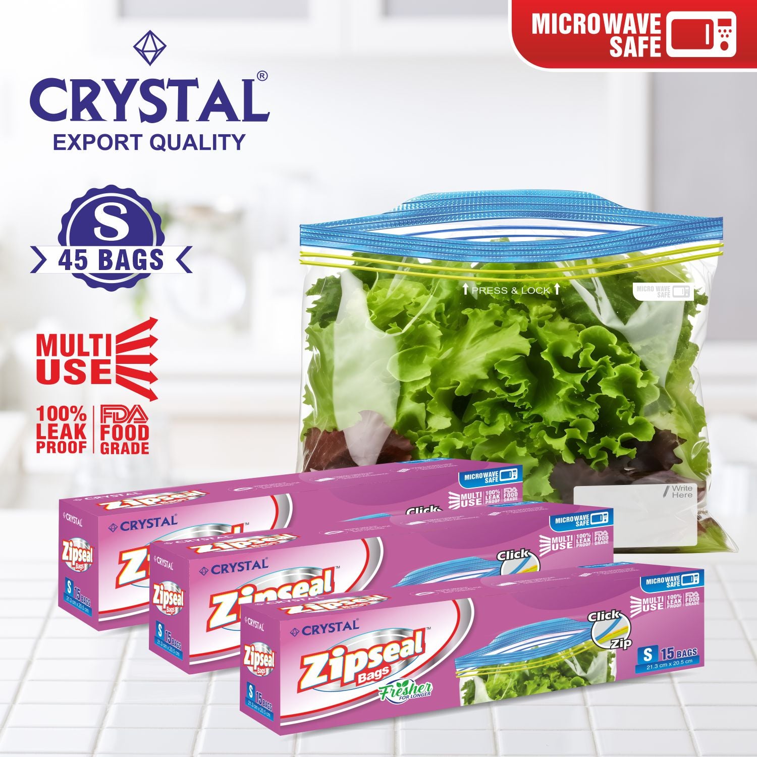 Crystal ZipSeal Storage Bags - Multi Pupose, Reusable, Freezer, 100% Leak Proof, FDA Food Grade - SMALL , 15 Pcs x Pack of 3 , 45 Bags