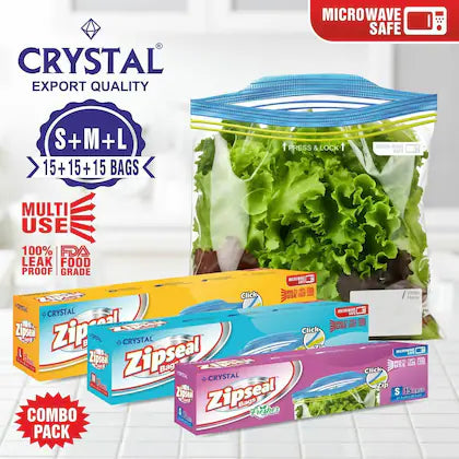 Crystal ZipSeal Storage Bags - Multi Pupose, Reusable, Freezer, 100% Leak Proof, FDA Food Grade - SMALL+MEDIUM+LARGE , 15 Pcs x Pack of 3 , 45 Bags