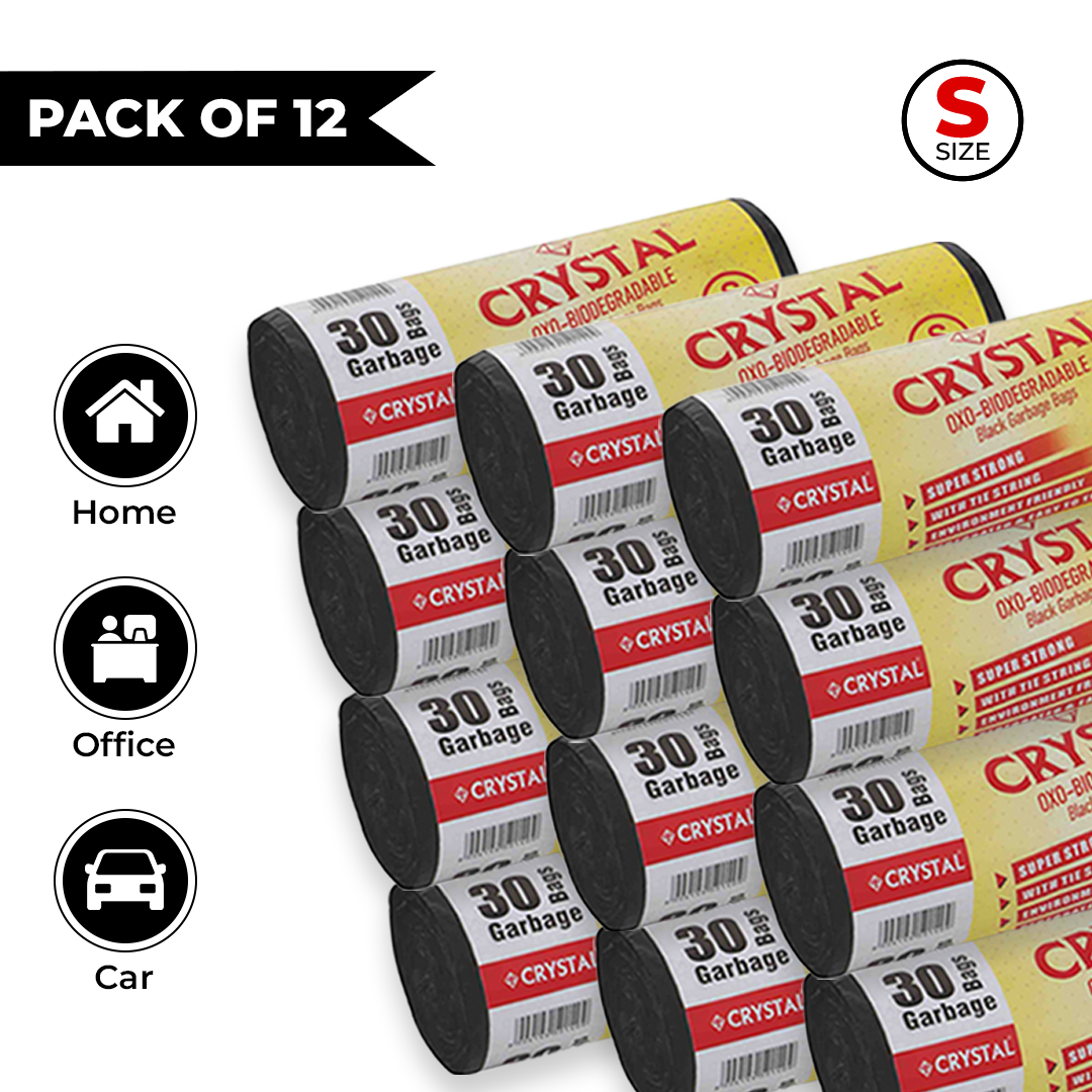 Crystal Biodegradable Garbage Bag on Roll SMALL 17 x 19 Black ,30 Pcs x Pack of 12 , 180 Bags