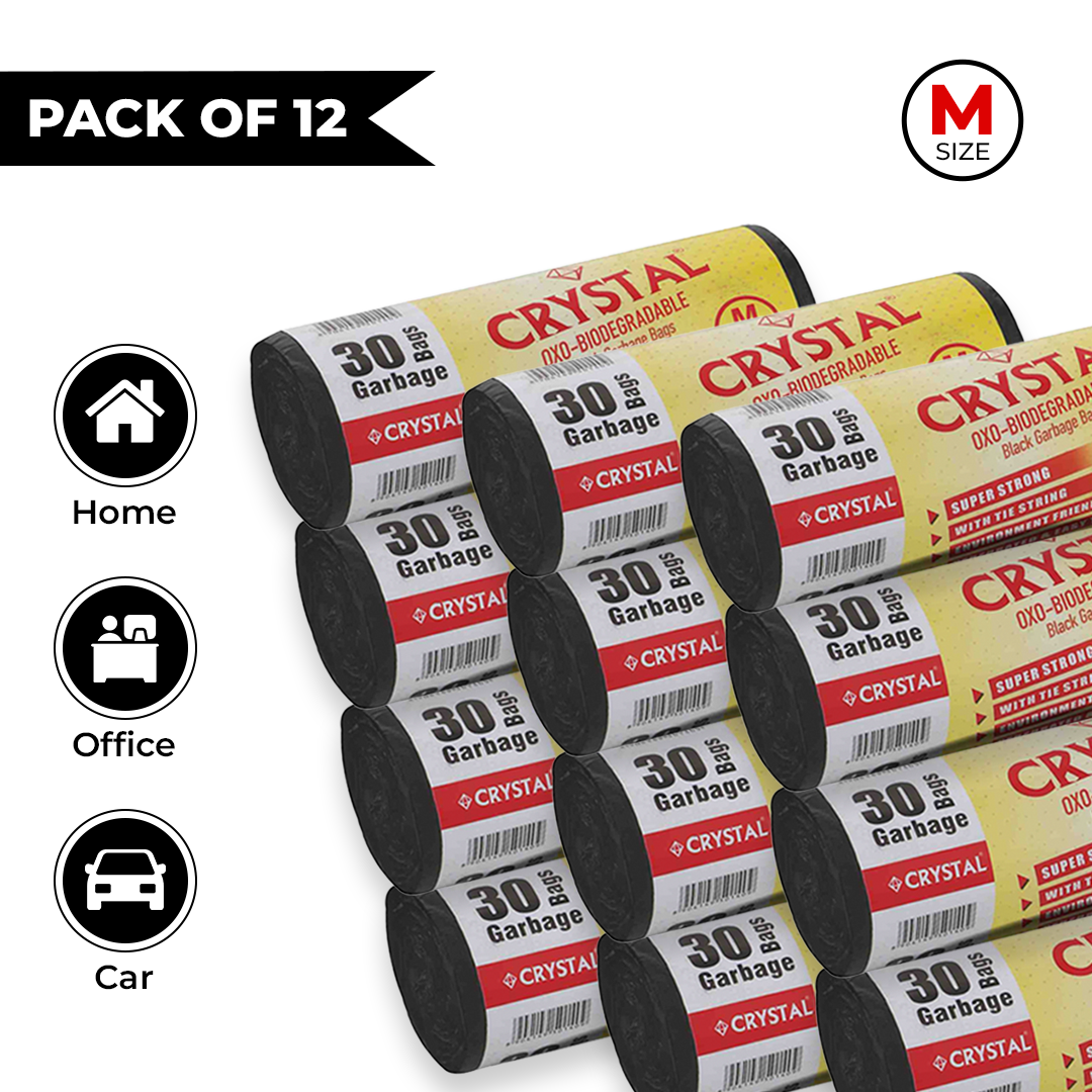 Crystal Biodegradable Garbage Bag on Roll MEDIUM 19 x 21 Black ,30 Pcs x Pack of 12 , 180 Bags