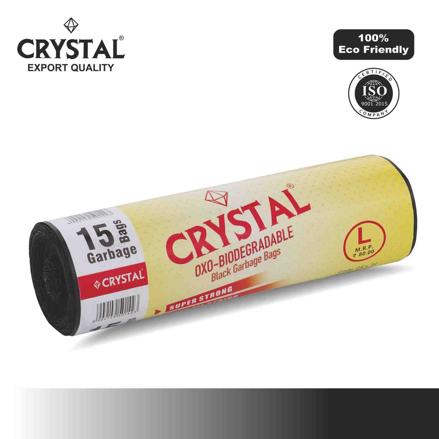 Crystal Biodegradable Garbage Bag on Roll LARGE  24 x 32 Black ,15 Pcs x Pack of 6 , 90 Bags