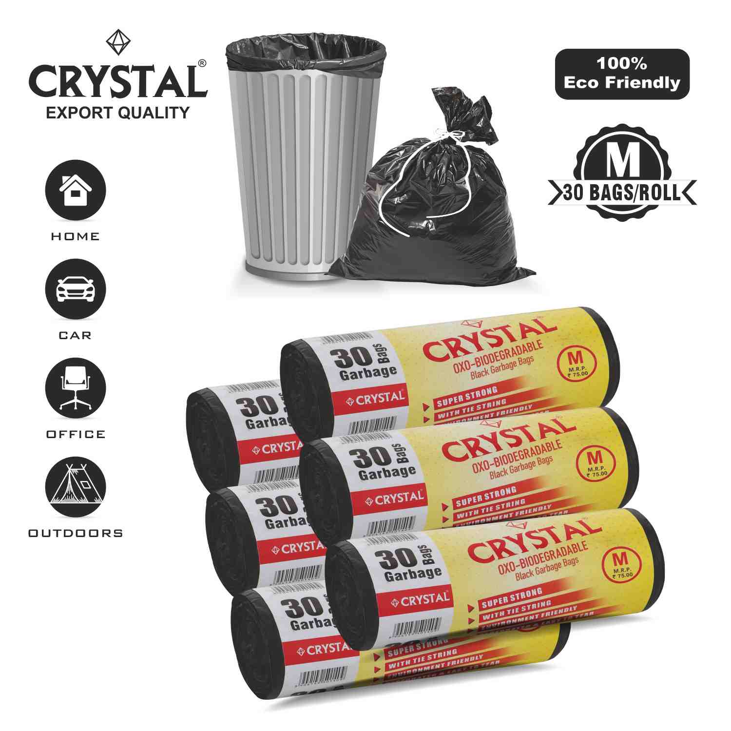 Crystal Biodegradable Garbage Bag on Roll MEDIUM 19 x 21 Black ,30 Pcs x Pack of 6 , 180 Bags