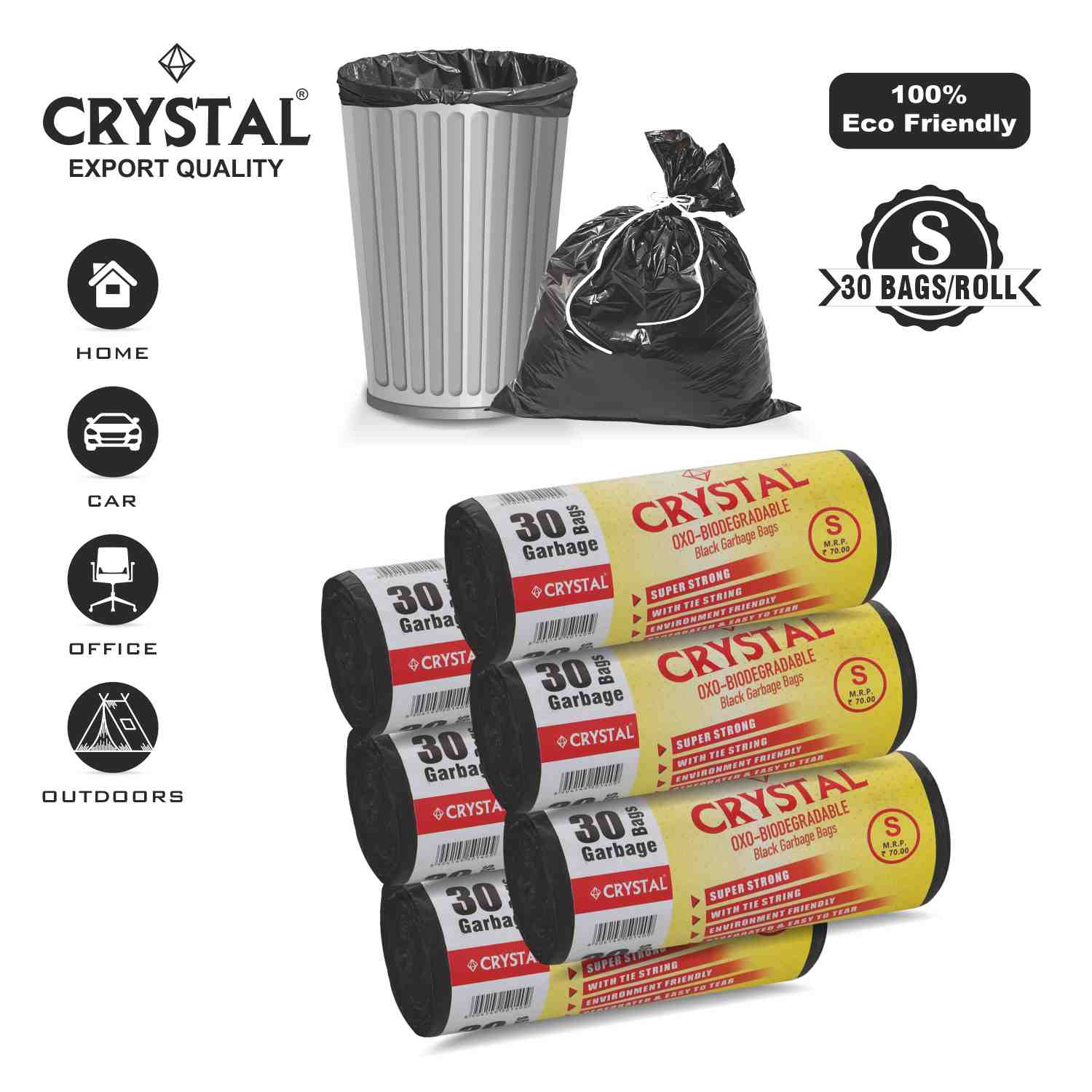 Crystal Biodegradable Garbage Bag on Roll SMALL 17 x 19 Black ,30 Pcs x Pack of 6 , 180 Bags