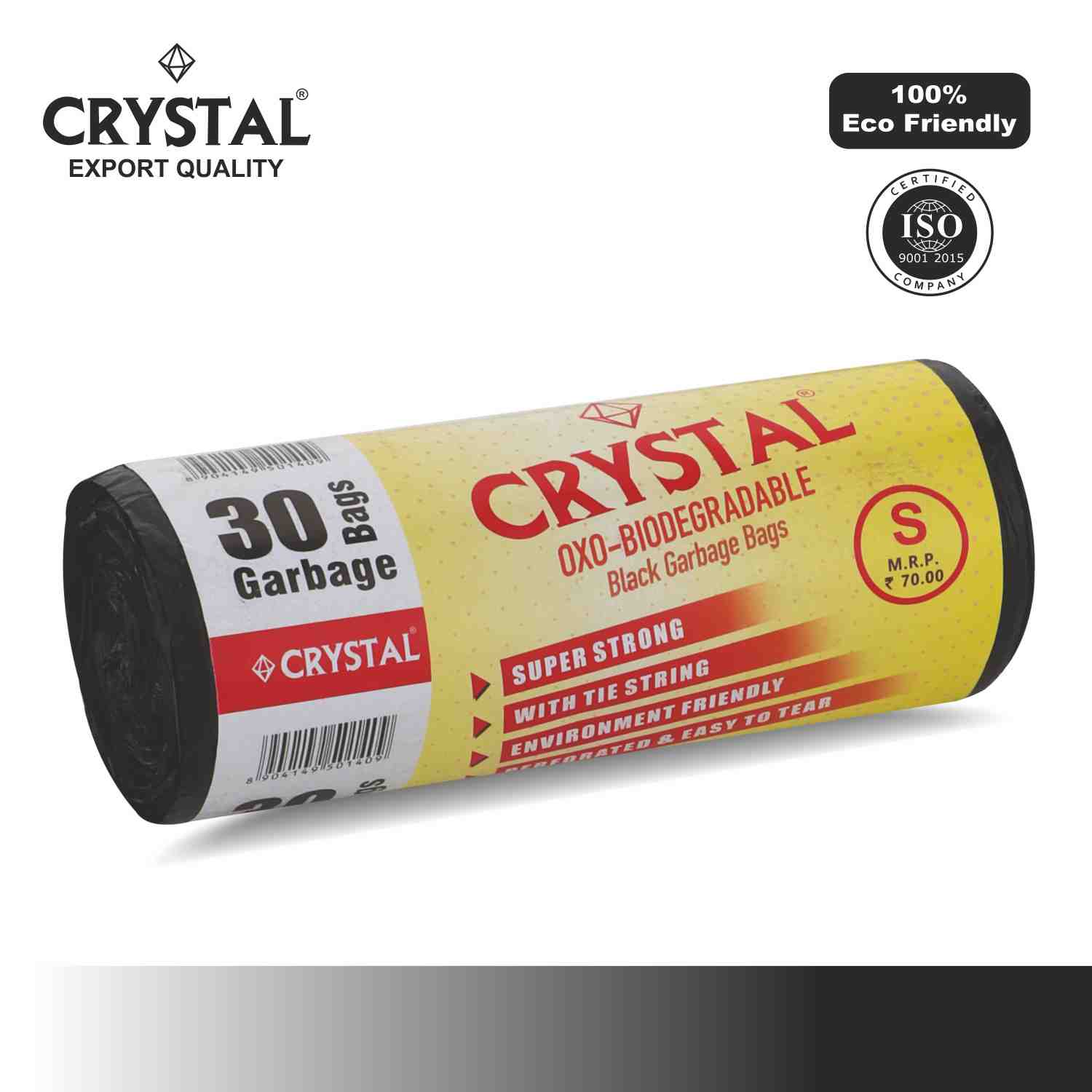 Crystal Biodegradable Garbage Bag on Roll SMALL 17 x 19 Black ,30 Pcs x Pack of 6 , 180 Bags