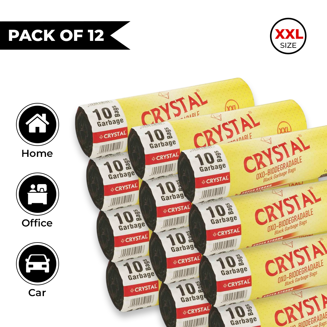 Crystal Biodegradable Garbage Bag on Roll XXL, 36 X 44 Black ,10 Pcs x Pack of 12 , 30 Bags