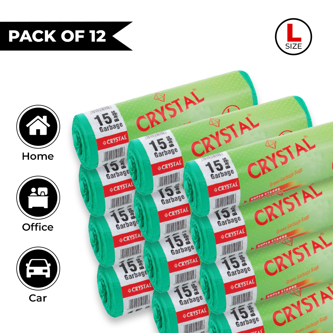 Crystal Biodegradable Garbage Bag on Roll  LARGE  24 x 32 Green,15 Pcs x Pack of 12  , 90 Bags