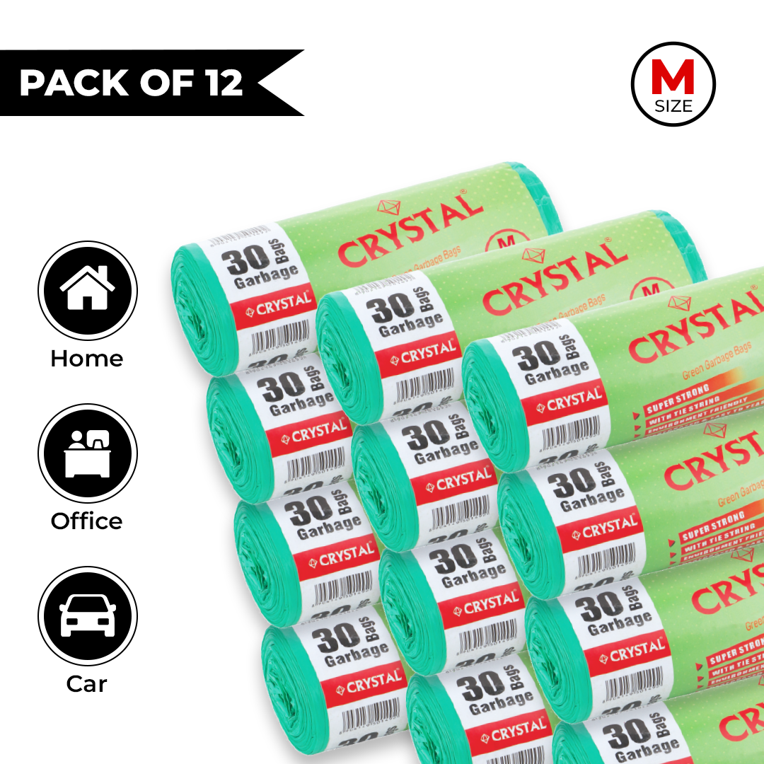 Crystal Biodegradable Garbage Bag On Roll MEDIUM 19 x 21 Green,30 Pcs x Pack of 12, 180 Bags
