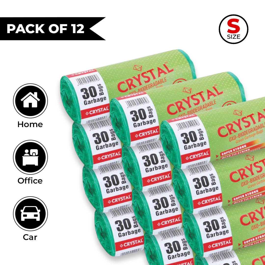 Crystal Biodegradable Garbage Bag on Roll  SMALL  17 x 19 Green ,30 Pcs x Pack of 12 , 180 Bags